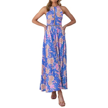 ZESICA Women's 2024 Summer Halter Neck Floral Print Backless Split Beach Party Maxi Dress,BluishViol...