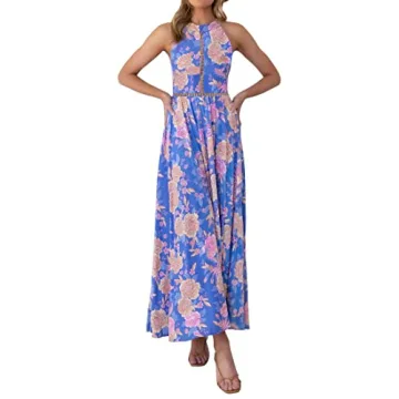 ZESICA Women's 2024 Summer Halter Neck Floral Print Backless Split Beach Party Maxi Dress,BluishViol...