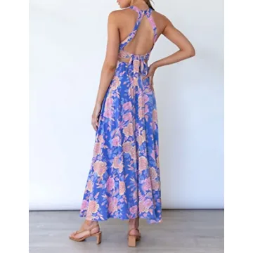 ZESICA Women's 2024 Summer Halter Neck Floral Print Backless Split Beach Party Maxi Dress,BluishViolet,Large