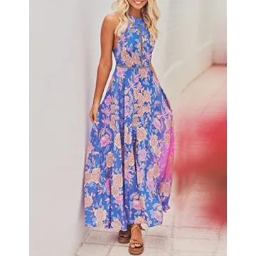 ZESICA Women's 2024 Summer Halter Neck Floral Print Backless Split Beach Party Maxi Dress,BluishViolet,Large