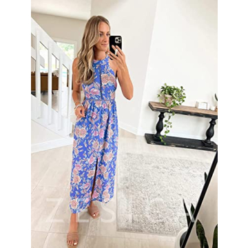 ZESICA Women's 2024 Summer Halter Neck Floral Print Backless Split Beach Party Maxi Dress,BluishViolet,Large