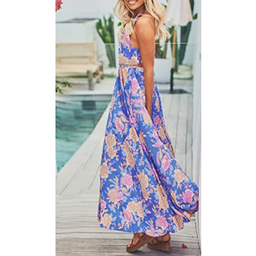 ZESICA Women's 2024 Summer Halter Neck Floral Print Backless Split Beach Party Maxi Dress,BluishViolet,Large