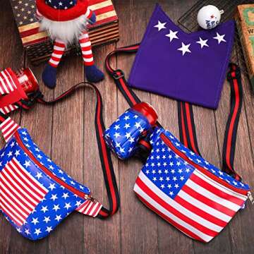 Sweetude 2 Pcs Patriotic Fanny Pack American Flag 4th of July Fanny Pack Red White Blue Fanny Pack with American Flag Cape Suspenders and Drink Holder Belt 4th of July Accessories for Man Women