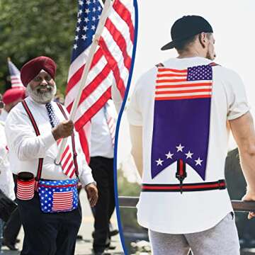 Sweetude 2 Pcs Patriotic Fanny Pack American Flag 4th of July Fanny Pack Red White Blue Fanny Pack with American Flag Cape Suspenders and Drink Holder Belt 4th of July Accessories for Man Women
