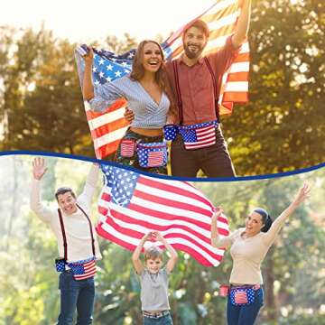 Sweetude 2 Pcs Patriotic Fanny Pack American Flag 4th of July Fanny Pack Red White Blue Fanny Pack with American Flag Cape Suspenders and Drink Holder Belt 4th of July Accessories for Man Women