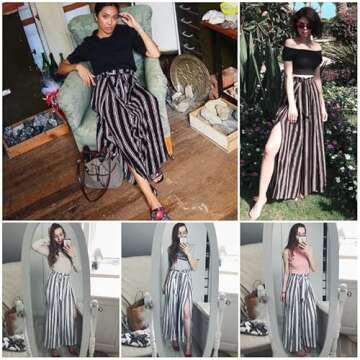 Simplee Women s Elegant Striped Split High Waisted Belted Flowy Wide Leg Pants White Stripe 1/7 Medium 8