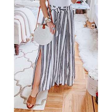 Simplee Women s Elegant Striped Split High Waisted Belted Flowy Wide Leg Pants White Stripe 1/7 Medium 8