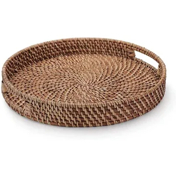 11 inch Rattan Tray, Round Wicker Tray with Cut-Out Handles, Woven Serving Tray for Dining / Coffee ...