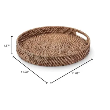 11 inch Rattan Tray, Round Wicker Tray with Cut-Out Handles, Woven Serving Tray for Dining / Coffee Table