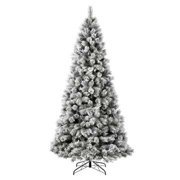 Glitzhome 9ft Pre-lit Snow Flocked Pine Christmas Tree with Easy Assembly Metal Stand