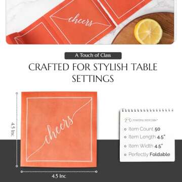 Toasting With Tara Late Sunset Square Cotton Cocktail Napkins, ‘Cheer's’ Printed 4.5 x 4.5 Inches Washable 50 Pack Napkins Perfect for Wedding and Parties
