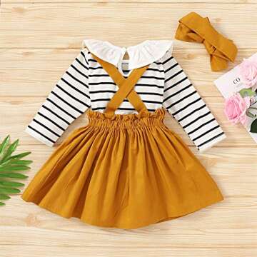 YOUNGER STAR Infant Baby Girl Fall Outfits Romper Jumpsuit Strap Skirt Clothes Set Baby Girl Clothing (6-12 Months,Yellow & Jumpsuit)