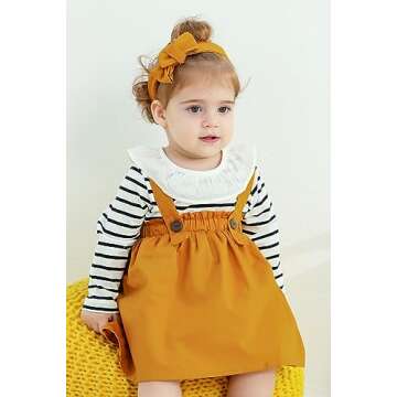 YOUNGER STAR Infant Baby Girl Fall Outfits Romper Jumpsuit Strap Skirt Clothes Set Baby Girl Clothing (6-12 Months,Yellow & Jumpsuit)