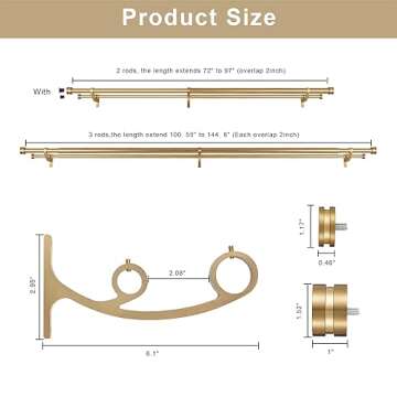Double Drapery Curtain Rods, 72-144” Telescoping Curtain Rod with 1inch large rod and 5/8inch small rod, Modern Round Style Finials, Warm Gold