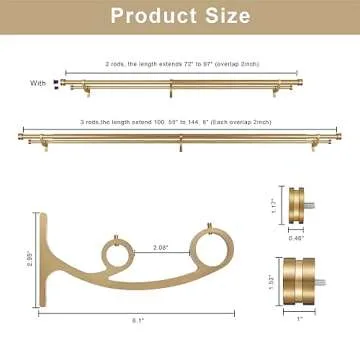 Double Drapery Curtain Rods, 72-144” Telescoping Curtain Rod with 1inch large rod and 5/8inch small rod, Modern Round Style Finials, Warm Gold