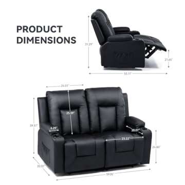 COMHOMA Leather Recliner Modern Loveseat Sofa, 2 Leather Recliner Chair,Modern Small Sofa Couch,2 Se...