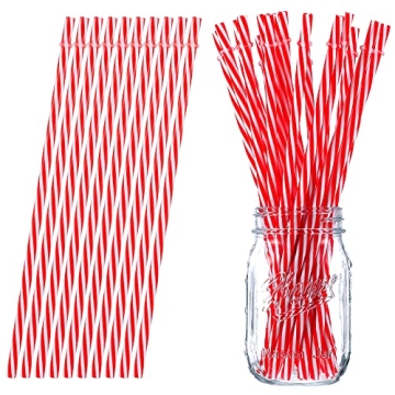 Christmas Reusable Plastic Straws Long Red Striped Straws Xmas Drinking Straws with Rings for Christ...