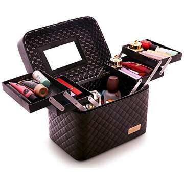 Sooyee Makeup Bag Cosmetic Bags with Mirror, Makeup Organizer 4 Layer Foldable Tray Open to The Side...