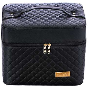 Sooyee Makeup Bag Cosmetic Bags with Mirror, Makeup Organizer 4 Layer Foldable Tray Open to The Sides,Makeup Travel Bag for Women,Makeup Box Train Case,Black