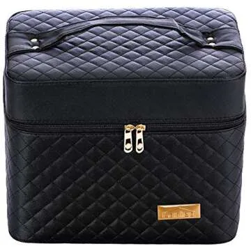 Sooyee Makeup Bag Cosmetic Bags with Mirror, Makeup Organizer 4 Layer Foldable Tray Open to The Sides,Makeup Travel Bag for Women,Makeup Box Train Case,Black