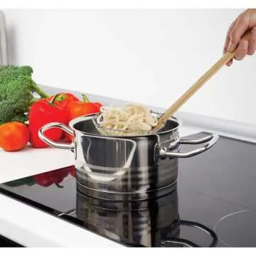 Helen’s Asian Kitchen Spider Strainer | 5-Inch Stainless Steel Wire Mesh Ladle with Sustainable Wood Handle for Frying, Cooking, and Draining