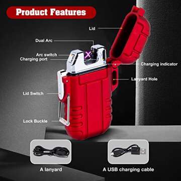 LcFun Arc Lighter Waterproof Windproof Rechargeable USB Plasma Flameless Electric Lighters with Lanyard Sports Fan Lighters for Survival, Tactical, EDC Gear, Camping (Red)