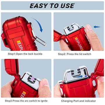 LcFun Arc Lighter Waterproof Windproof Rechargeable USB Plasma Flameless Electric Lighters with Lanyard Sports Fan Lighters for Survival, Tactical, EDC Gear, Camping (Red)