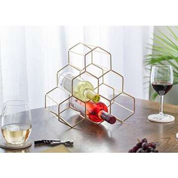 NAT & Jules Honeycomb Gold Tone Iron Metal Tabletop Wine Rack - Perfect for Kitchen Countertop, Pantry or Cabinets Display or Storage - Hold 6 Bottles, Gold Tone