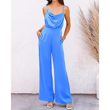 PRETTYGARDEN Women 2023 Sleeveless Spaghetti Strap Cowl Neck Backless Satin Jumpsuits Loose Wide Leg Romper With Pockets(Solid Blue,XX-Large)