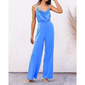 PRETTYGARDEN Women 2023 Sleeveless Spaghetti Strap Cowl Neck Backless Satin Jumpsuits Loose Wide Leg Romper With Pockets(Solid Blue,XX-Large)