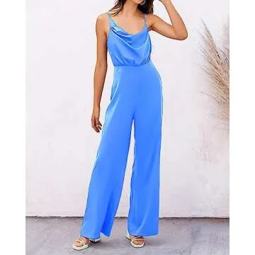 PRETTYGARDEN Women 2023 Sleeveless Spaghetti Strap Cowl Neck Backless Satin Jumpsuits Loose Wide Leg Romper With Pockets(Solid Blue,XX-Large)
