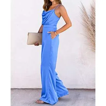 PRETTYGARDEN Women 2023 Sleeveless Spaghetti Strap Cowl Neck Backless Satin Jumpsuits Loose Wide Leg Romper With Pockets(Solid Blue,XX-Large)