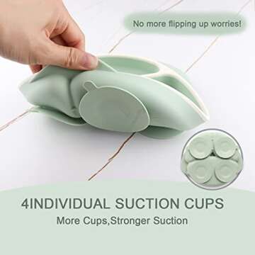 Mengdababy Suction Plate for Baby Toddler, Silicone Grip Dish with 4 Extra Large Suction Cups, Divided Design, Dishwasher and Microwave Safe with Heat Resistence Handles,BPA Free Green