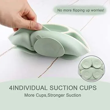 Mengdababy Suction Plate for Baby Toddler, Silicone Grip Dish with 4 Extra Large Suction Cups, Divided Design, Dishwasher and Microwave Safe with Heat Resistence Handles,BPA Free Green