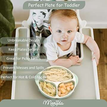 Mengdababy Suction Plate for Baby Toddler, Silicone Grip Dish with 4 Extra Large Suction Cups, Divided Design, Dishwasher and Microwave Safe with Heat Resistence Handles,BPA Free Green