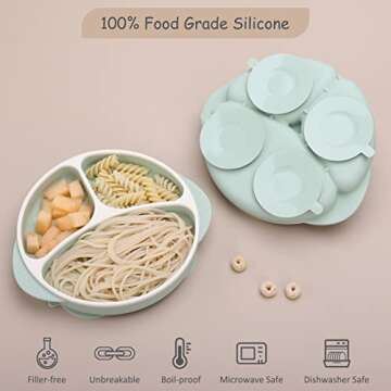 Mengdababy Suction Plate for Baby Toddler, Silicone Grip Dish with 4 Extra Large Suction Cups, Divided Design, Dishwasher and Microwave Safe with Heat Resistence Handles,BPA Free Green