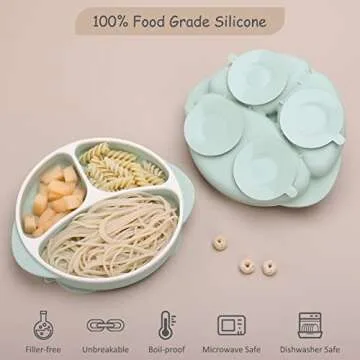 Mengdababy Suction Plate for Baby Toddler, Silicone Grip Dish with 4 Extra Large Suction Cups, Divided Design, Dishwasher and Microwave Safe with Heat Resistence Handles,BPA Free Green