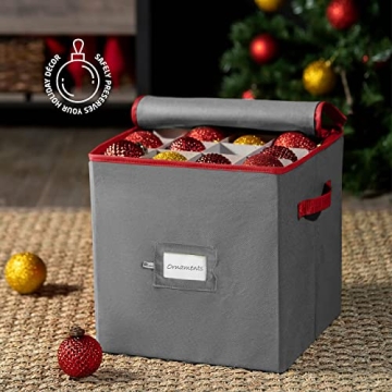 ZOBER Christmas Ornament Storage Box - Stores 64 Ornaments W/Dual Zippers - Non-Woven, Tear- Proof Christmas Ornament Storage Containers - 3 Inch Cube Compartments - Gray