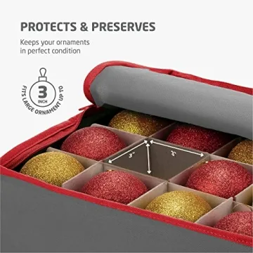 ZOBER Christmas Ornament Storage Box - Stores 64 Ornaments W/Dual Zippers - Non-Woven, Tear- Proof Christmas Ornament Storage Containers - 3 Inch Cube Compartments - Gray