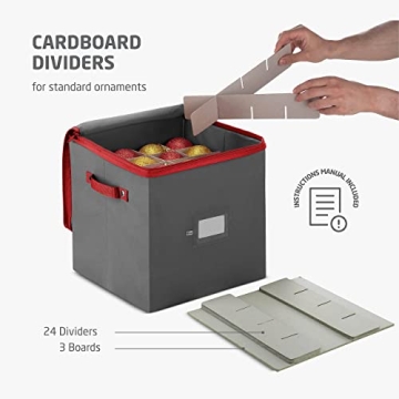 ZOBER Christmas Ornament Storage Box - Stores 64 Ornaments W/Dual Zippers - Non-Woven, Tear- Proof Christmas Ornament Storage Containers - 3 Inch Cube Compartments - Gray