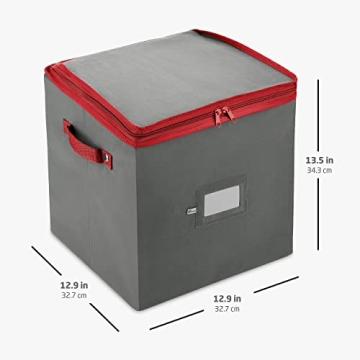 ZOBER Christmas Ornament Storage Box - Stores 64 Ornaments W/Dual Zippers - Non-Woven, Tear- Proof Christmas Ornament Storage Containers - 3 Inch Cube Compartments - Gray