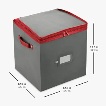 ZOBER Christmas Ornament Storage Box - Stores 64 Ornaments W/Dual Zippers - Non-Woven, Tear- Proof Christmas Ornament Storage Containers - 3 Inch Cube Compartments - Gray