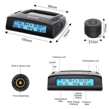 Tymate RV Tire Pressure Monitoring System - M7-3 TPMS Tire Pressure Monitor System(0-87 PSI) with Solar Charger, RV TPMS with 4 sensors & 5 Alarm Modes, LCD Display, Auto Sleep Mode, Easy to Install