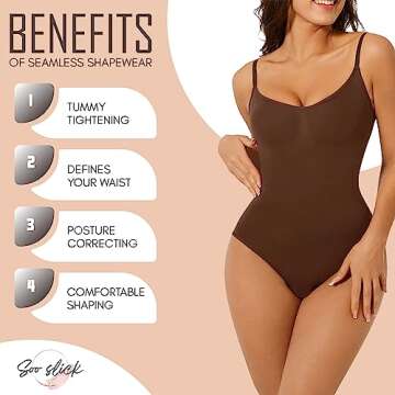 Seamless Bodyshaper Bodysuit for Women - Full Body Shapewear Body Sculpting Suits Sleeveless Round Neck Brown Medium
