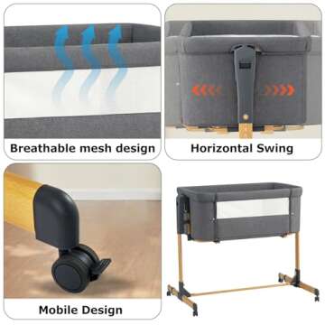 BOSEDSANG 3 in 1 Baby Bassinet,Rocking Bassinet,Bedside Bassinet with Wheels and Adjustable Height,Bedside Sleeper with Breathable Mesh and Mattress,Baby Crib for Newborn (1, L-Shape)