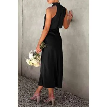 PRETTYGARDEN Women's 2025 Summer Satin Dress Elegant Sleeveless Mock Neck Cocktail Party Maxi Dresses (Black,Large)