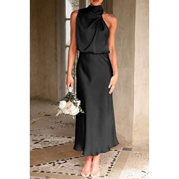 PRETTYGARDEN Women's 2025 Summer Satin Dress Elegant Sleeveless Mock Neck Cocktail Party Maxi Dresses (Black,Large)