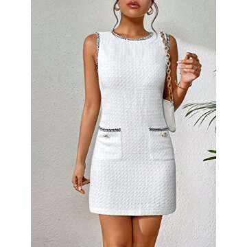Verdusa Women's Pocket Front Sleeveless Round Neck Tweed Short Bodycon Dress White M