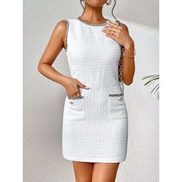 Verdusa Women's Pocket Front Sleeveless Round Neck Tweed Short Bodycon Dress White M