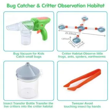 Bug Catcher Kit for Kids, Outdoor Explorer Toys for Kids Ages 4-6 6-8, Bug Vacuum Catcher Gun, Critter Keeper Habitat, Live Insect Terrarium Kit, Observation Cup, Tweezers, Gift for 4 5 6 7 8+ Boys